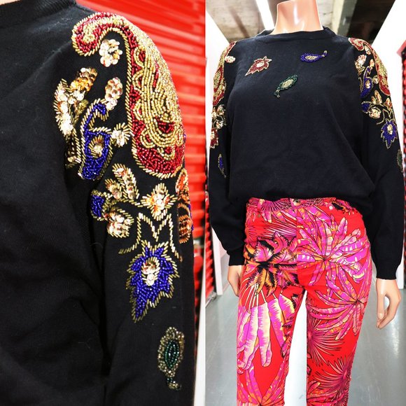 HOLIDAY Christmas BEADED Sequin Gemstone sweater TOP S-M-L - Picture 1 of 6